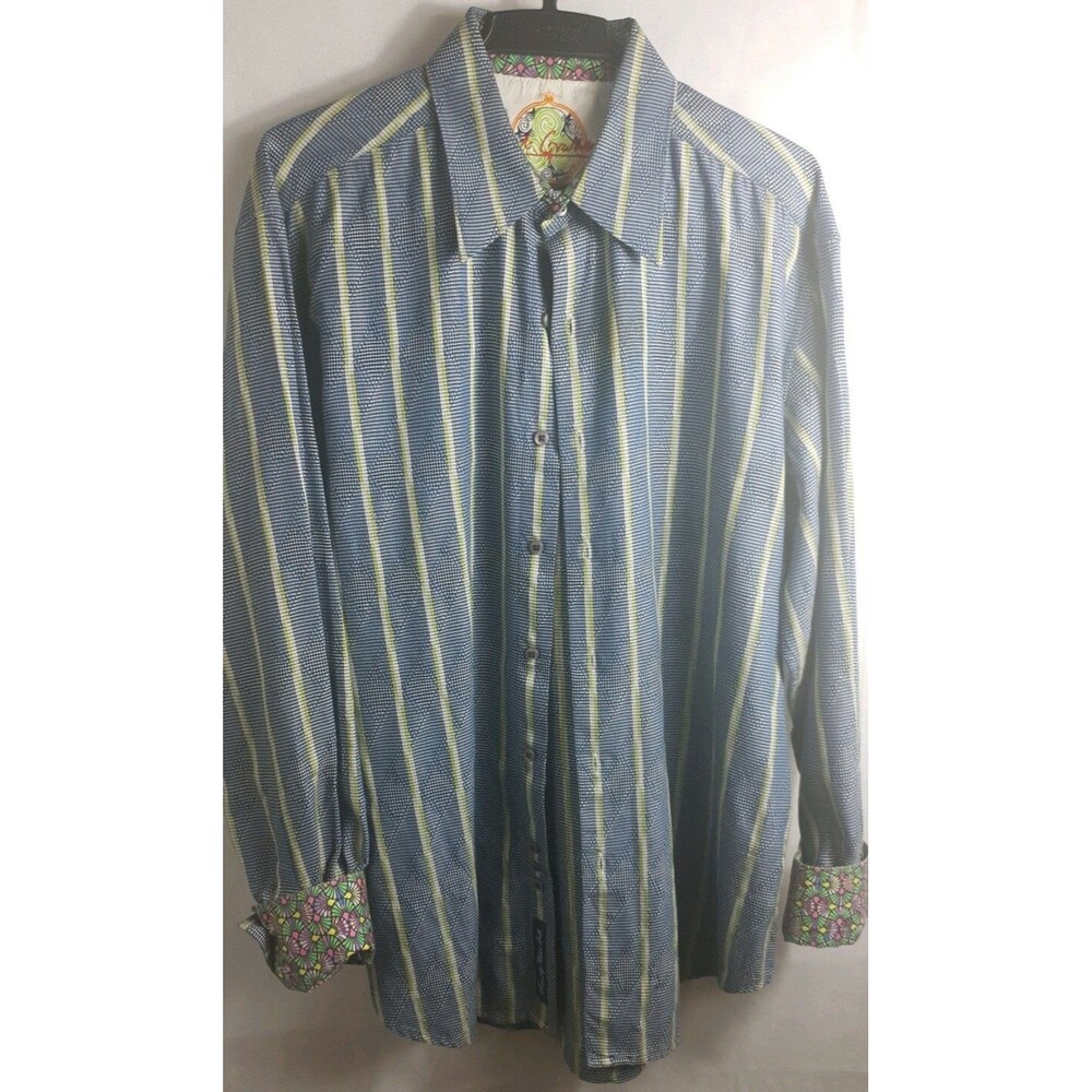Robert Graham Bottom Front Shirt Blue Green Geometric Striped Flip Cuff L/Large